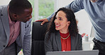 Laptop, discussion and business people in office for feedback, review or planning finance report. Happy, computer and financial advisors with manager for advice on investment profit in workplace.