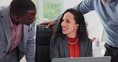 Buy stock photo Laptop, discussion and business people in office for feedback, review or planning finance report. Happy, computer and financial advisors with manager for advice on investment profit in workplace.