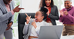 Excited, point and business people in office with laptop, applause and announcement for income growth. Happy, team and gesture in workplace with computer, profit success and clapping for celebration.