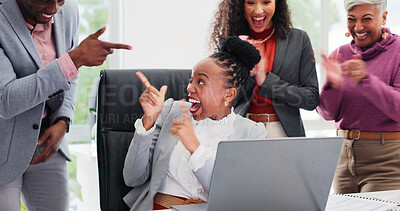 Buy stock photo Excited, point and business people in office with laptop, applause and announcement for income growth. Happy, team and gesture in workplace with computer, profit success and clapping for celebration.