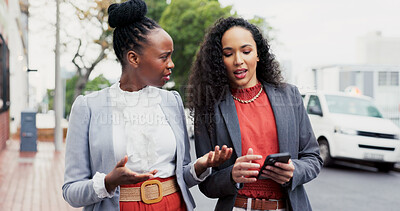 Buy stock photo Walking, talking and business people in city with phone, online update and feedback for project. Team, collaboration and women with cellphone for research, planning and conversation for proposal