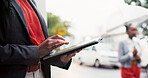 Woman, hands and city street with tablet for business research, insight or job opportunity. Female person, user or browsing with technology in road for outdoor network or connection in an urban town