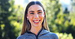 Happy, fitness and portrait of woman in nature for wellness, workout or morning routine with confidence. Smile, pride and female person outdoor in park for exercise, active or health in Australia.