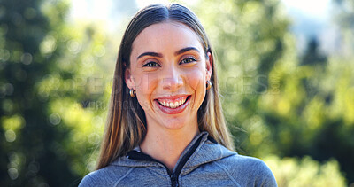 Buy stock photo Happy, fitness and portrait of woman in nature for wellness, workout or morning routine with confidence. Smile, pride and female person outdoor in park for exercise, active or health in Australia.