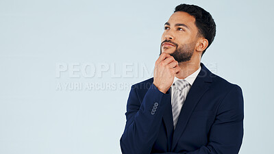 Buy stock photo Thinking, studio and businessman by mockup space with planning, decision or choice in finance career. Reflection, ideas and male financial advisor with problem solving for project by white background