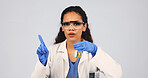 Portrait, scientist and woman in studio with warning, experiment and safety advice for chemistry. Science, person and caution for chemical reaction, PPE or no for dangerous liquid on white background