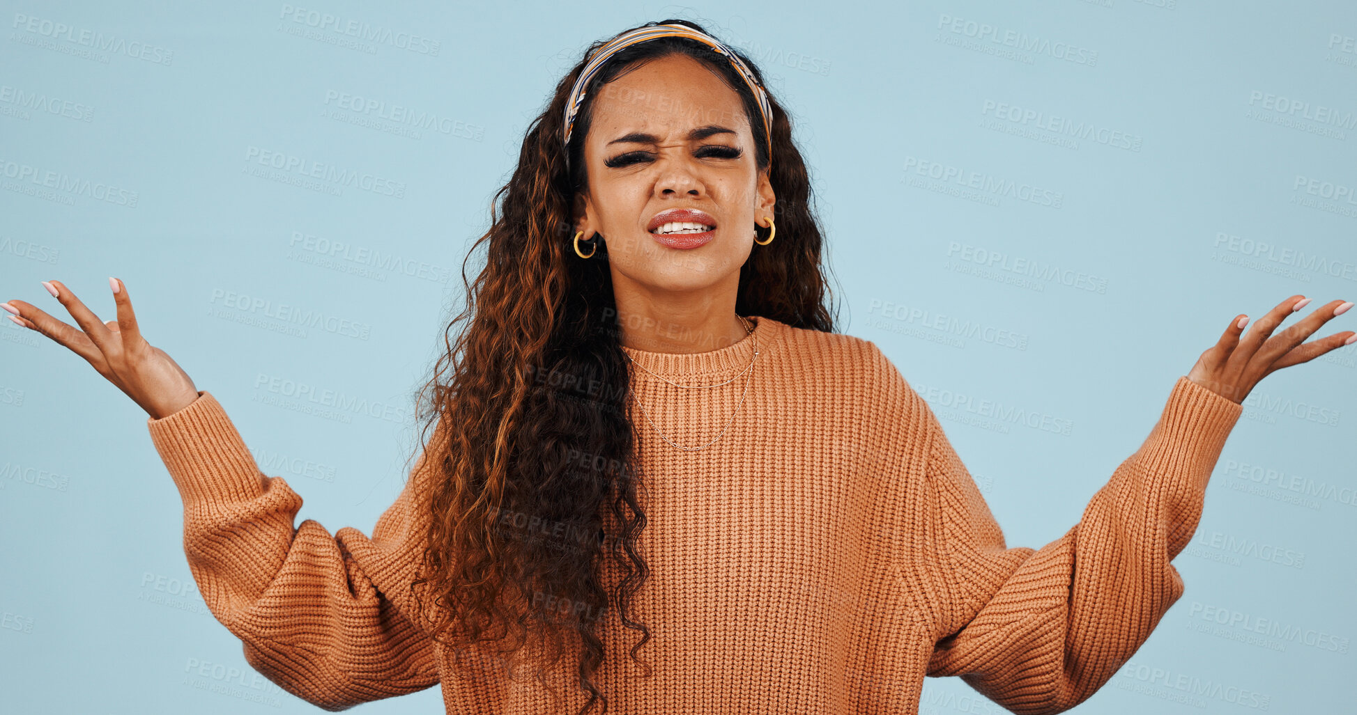 Buy stock photo Confused, portrait and woman in studio with what, uncertain and unsure gesture with space. Mockup, questioning and person with wondering, doubt and frustrated with why reaction on blue background