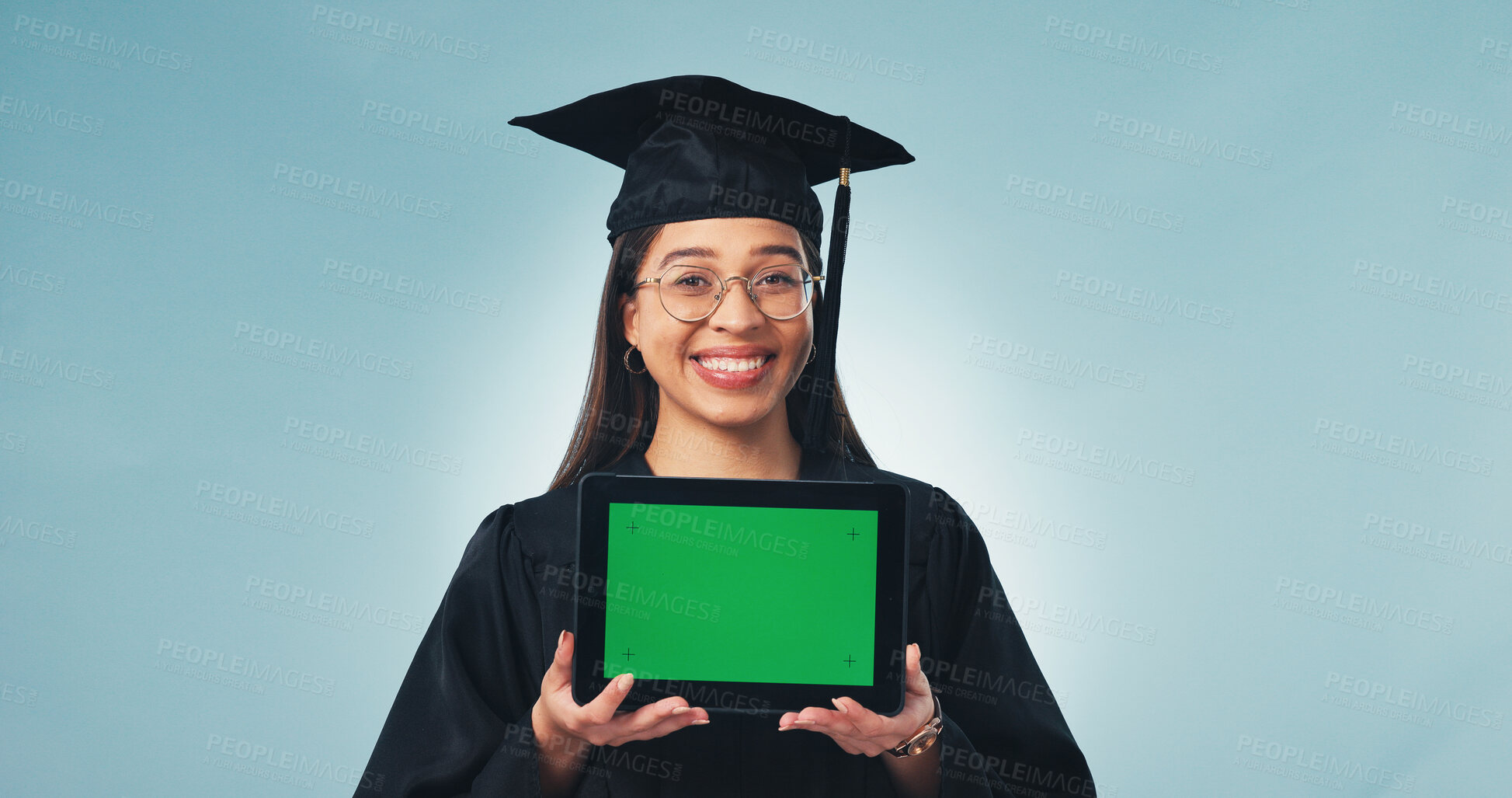 Buy stock photo Graduation, portrait and woman with tablet, green screen or marketing online education or promotion. Studio, blue background and happy person with tech, mockup space and graduate with presentation