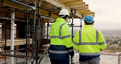 Buy stock photo Back, people and engineer at site for construction, inspection and planning for architecture. Team, supervisor and rooftop for discussion, quality assurance and evaluation for property development