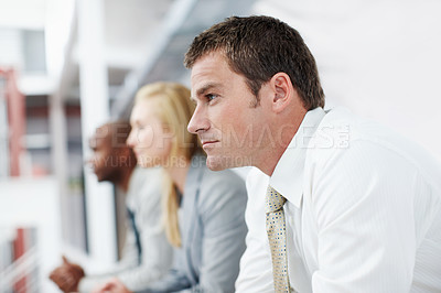 Buy stock photo Thinking, business and man in office for teamwork, accounting and planning for stock market. Corporate strategy, people or group with employees for cooperation, trader and meeting for company finance