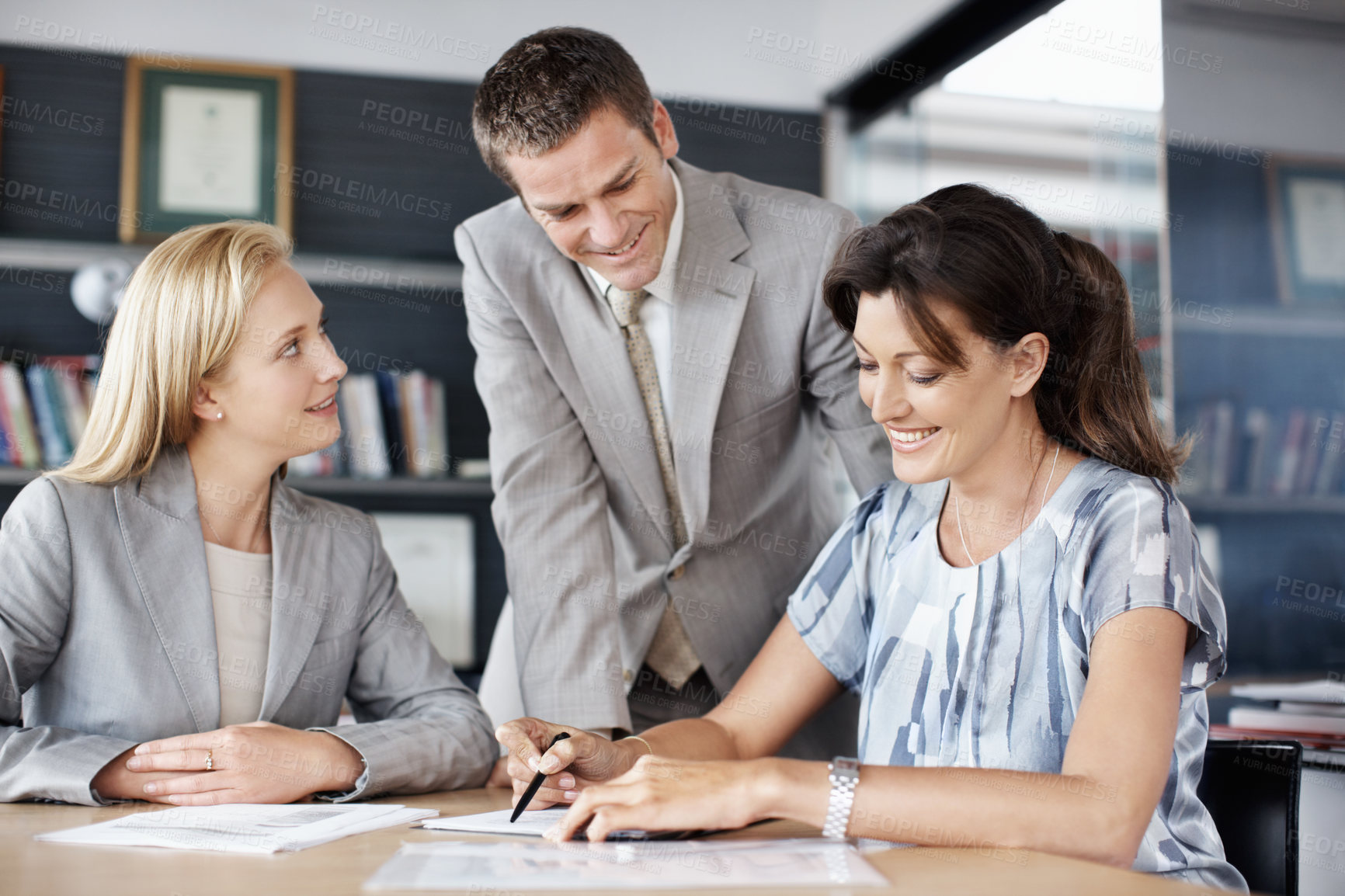 Buy stock photo Documents, happy and business people in office for meeting, financial review and investment decision. Corporate, team and workers with paperwork for finance report, budget proposal and discussion