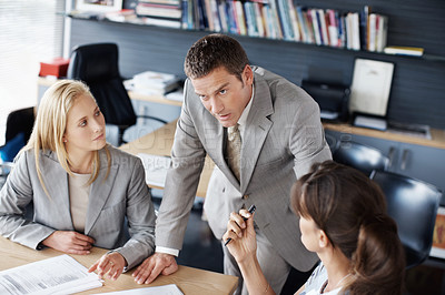Buy stock photo Manager, office and meeting of business people for finance review, planning and investment decision. Corporate, team and workers with feedback for financial report, budget proposal and company profit