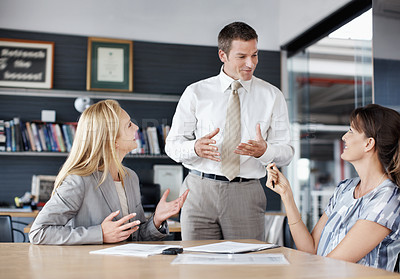 Buy stock photo Office, happy and business people for meeting, financial review and discussion for investment. Corporate, team and workers with paperwork for finance report, budget proposal and strategy for profit