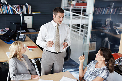 Buy stock photo Business, planning and people in office, discussion for company project and feedback for ideas. Group, man and women in workplace, support and collaboration for proposal, strategy and meeting