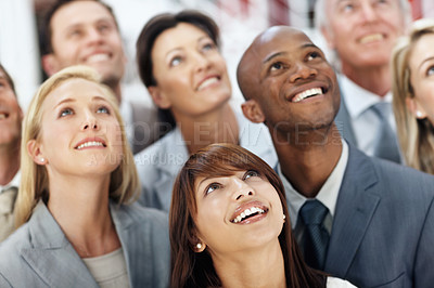 Buy stock photo About us, look up and business people in office with happiness, collaboration or support. Team, corporate professional or satisfaction with employees, cooperation or diversity with smile in workplace