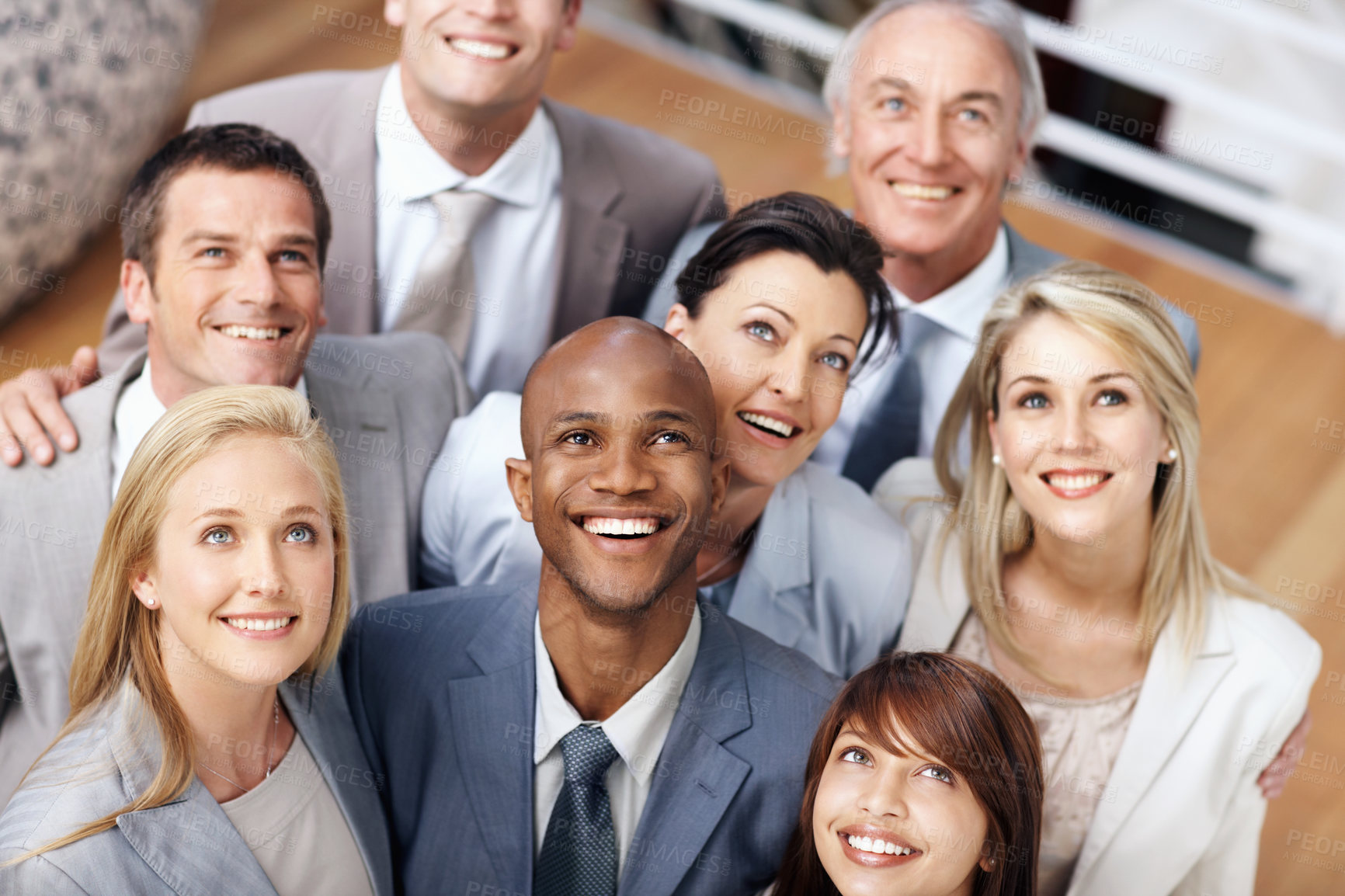 Buy stock photo About us, look up and smile of business people in workplace, support and collaboration. Diversity, men and women in office, employees and happiness with growth for company, funny and development