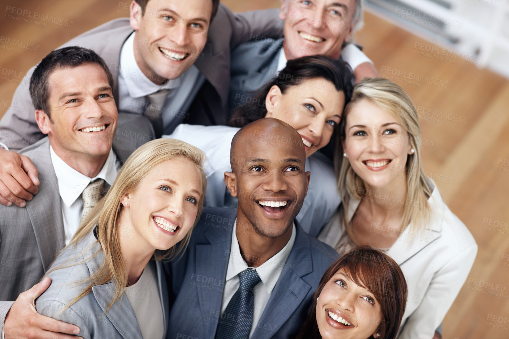 Buy stock photo About us, look up and smile of business people in office together for friendly introduction or welcome. Diversity, support and satisfaction with employee friends in workplace for collaboration