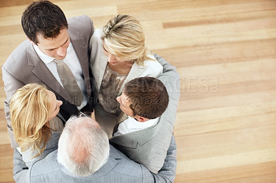 Buy stock photo Finance, hug and business people in office with achievement, collaboration and solidarity. Teamwork, men and women with celebration, space and support for profit growth, above and risk management