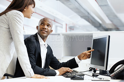 Buy stock photo Mentor, computer and business people in office, finance and screen for online audit, talking and help. Employees, coaching and investor in workplace, pc and email for stock market and review profit