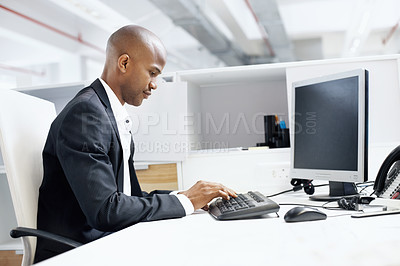 Buy stock photo Business, finance and black man in office, computer for budget review or performance report. Financial analyst, person or tech for risk assessment, market trends or income profit with revenue growth