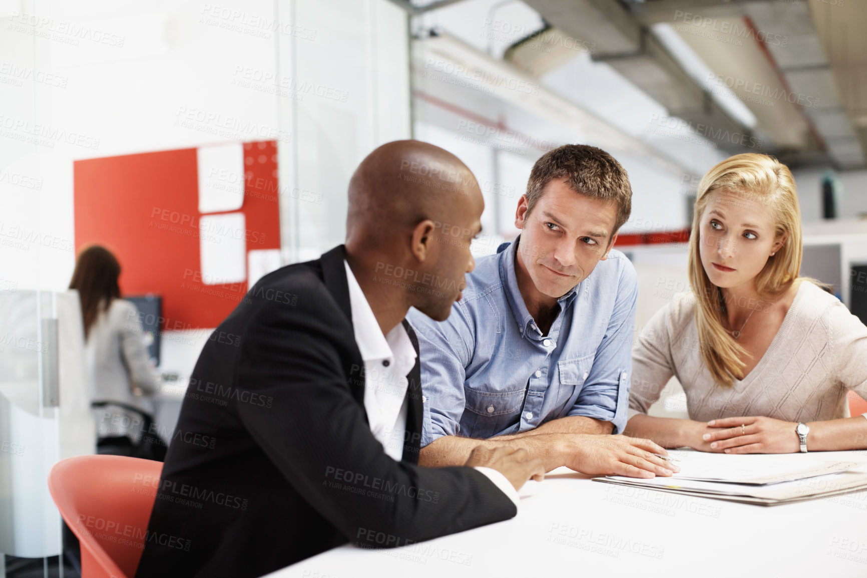 Buy stock photo Office, meeting and financial advisor with couple, talk and planning for house purchase or mortgage. People, listening and asset management with paperwork, chat and budget strategy for homeownership