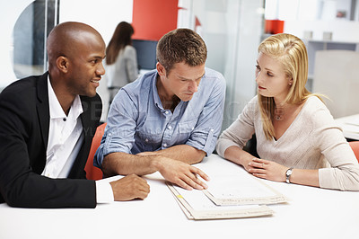 Buy stock photo Team, mentor or advice with paperwork in office for policy premium, explain cover options or tips. People, finance advisor or coaching with files for asset management, regulatory ethics or coworking