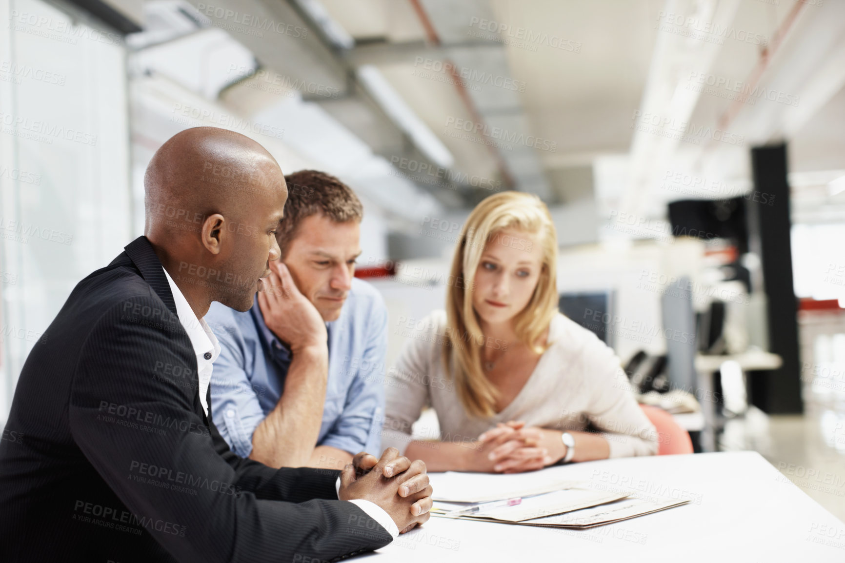 Buy stock photo Explain, documents and financial advisor with couple in meeting, talking and plan for mortgage. People, listen and asset management with paperwork, chat or budget strategy for homeownership at office
