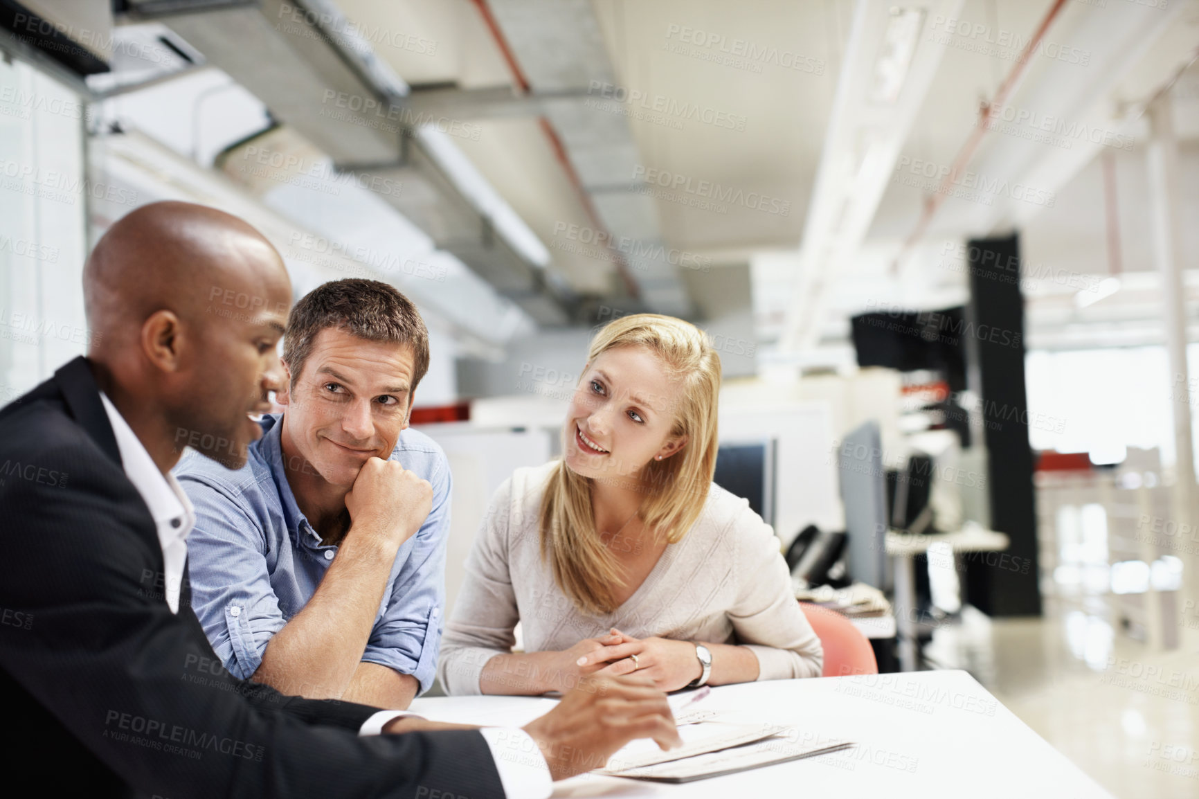 Buy stock photo Listen, man or couple in consultation with documents for budget planning, loan options or advice. Files, people and financial advisor in office meeting for debt management, goal setting and guidance