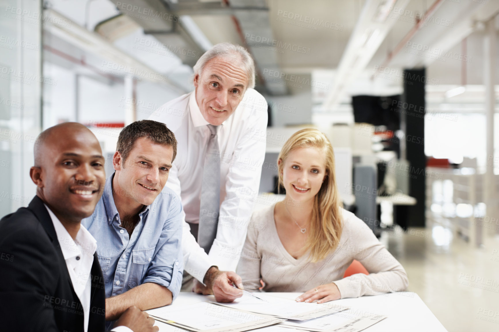 Buy stock photo Meeting, portrait and business people in office with documents, finance report and budget planning. Corporate, happy and men with women at desk for proposal, financial review and risk assessment