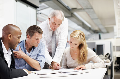 Buy stock photo People, manager and documents with advice in business for finance literacy, policy premium or tips. Financial advisor, team or paperwork in office for compliance training, regulatory guidance or help