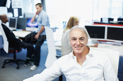 Buy stock photo Portrait, business and man in office with smile, career pride and about us for programming. Happy, mature person or coworking in company with ambition, positive attitude and developer with experience