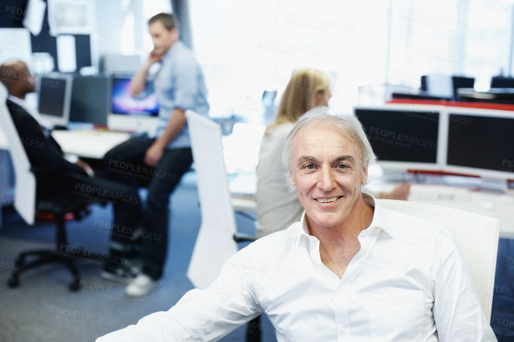 Buy stock photo Portrait, business and man in office with smile, career pride and about us for programming. Happy, mature person or coworking in company with ambition, positive attitude and developer with experience
