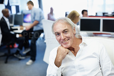 Buy stock photo Portrait, business and man in office with confidence, career pride and about us for accounting. Smile, mature person and coworking with ambition, positive attitude and management at financial company