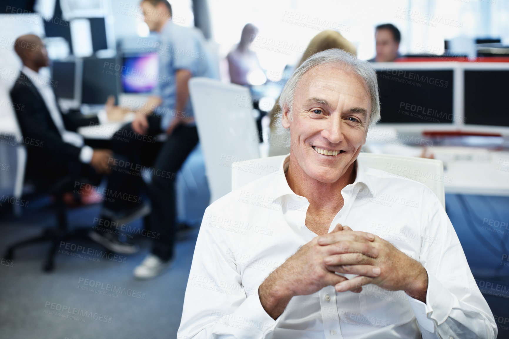 Buy stock photo Happy, business and man in office with portrait, career pride and about us for accounting. Smile, mature person or coworking with ambition, positive attitude and finance advisor at investment company