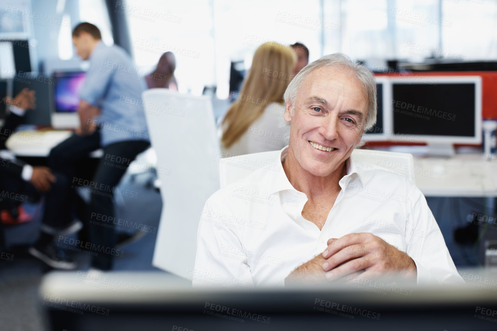 Buy stock photo Portrait, business and man in office with computer, career pride and about us for programming. Smile, mature programmer or coworking in workplace with pc, ambition and coding for software development