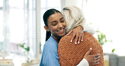Buy stock photo Happy, caregiver and old woman in nursing home with hug, healthcare assistance or support for kindness. Nurse, smile and elderly person in consultation with embrace, medical help or bonding together.