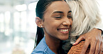Caregiver, smile and old woman in nursing home with hug, healthcare assistance or support for kindness. Space, nurse and elderly person in consultation with embrace, medical help or bonding together.