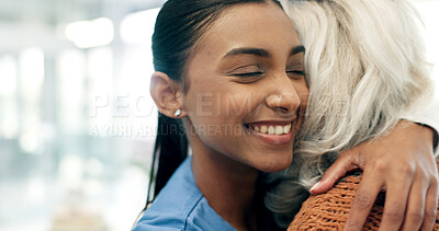 Buy stock photo Caregiver, smile and old woman in nursing home with hug, healthcare assistance or support for kindness. Space, nurse and elderly person in consultation with embrace, medical help or bonding together.