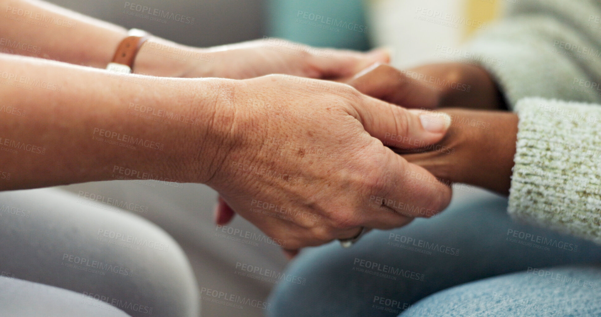 Buy stock photo Consulting, holding hands and support with people in counseling session for mental health. Empathy, therapy and trust with healthcare worker consoling patient in office for healing or psychology