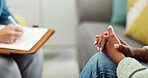 Mental health, hands and patient with psychologist in office, consultation and psychology assessment. Therapist, help and counseling session for person with depression, evaluation and diagnosis notes