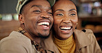 Smile, couple and date at restaurant with love, romance and support with partner affection. Happy, black people and laugh at bistro with care, connection and celebration for relationship anniversary