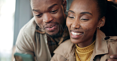 Buy stock photo Phone, smile and black couple in cafe with texting, chatting or social media post in morning. Happy, technology and man with woman on cellphone for reading blog with restaurant review in coffee shop.