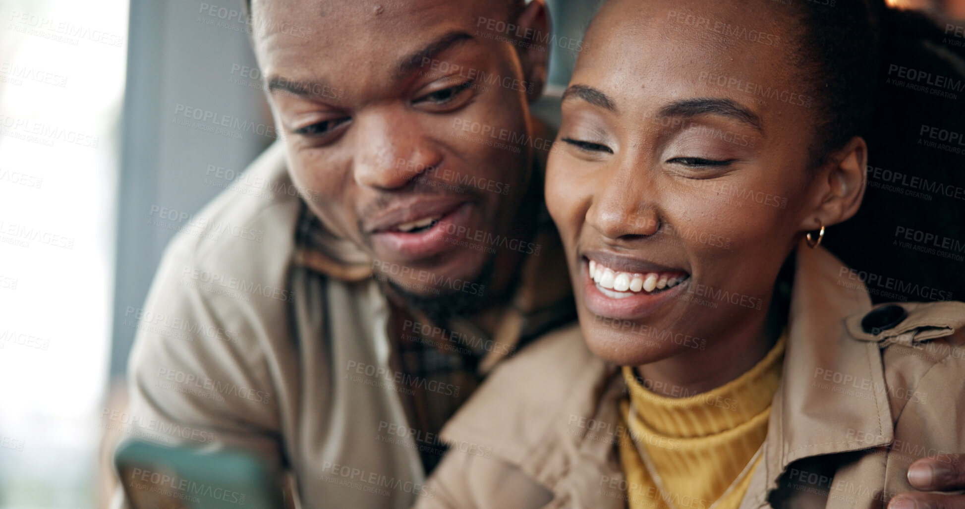 Buy stock photo Phone, smile and black couple in cafe with texting, chatting or social media post in morning. Happy, technology and man with woman on cellphone for reading blog with restaurant review in coffee shop.