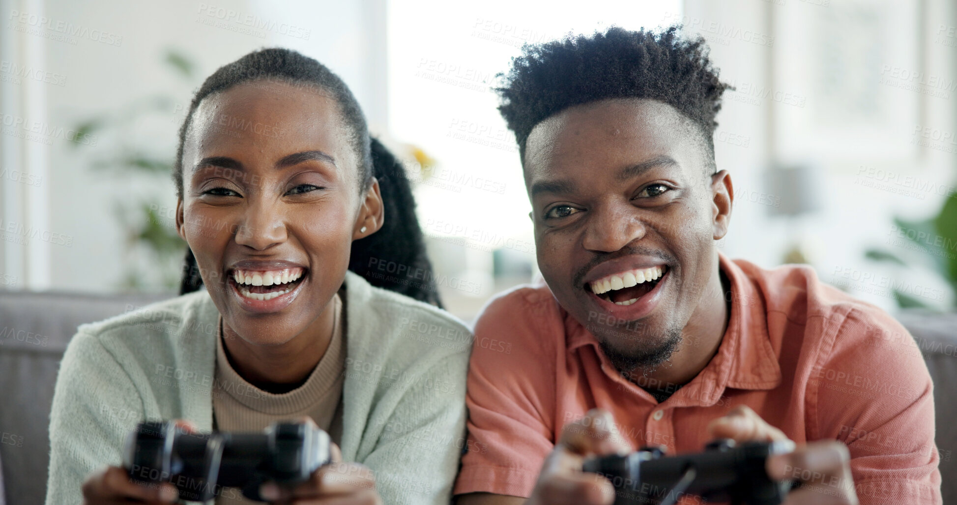 Buy stock photo Relax, laugh and black couple with video game on sofa for fun challenge, esport date or bonding. Portrait, happy people or gamer contest in home for weekend entertainment, relationship or multiplayer