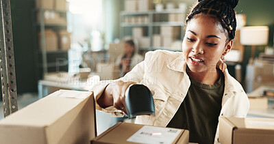 Buy stock photo Woman, logistics or scan box in workplace for inventory check, ecommerce or stock management. Supply chain, person or employee with barcode for info, distribution or process for shipping schedule