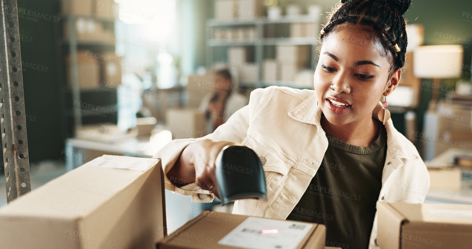 Buy stock photo Woman, logistics or scan box in workplace for inventory check, ecommerce or stock management. Supply chain, person or employee with barcode for info, distribution or process for shipping schedule