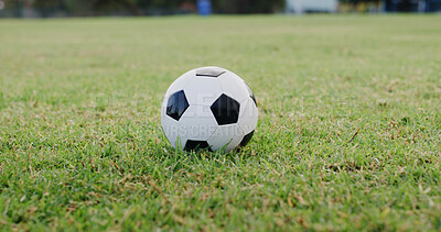 Buy stock photo Ground, space and sports with ball on soccer field for activity, competition or outdoor hobby. Fitness, green grass and training with object on empty pitch for start of game, match or tournament