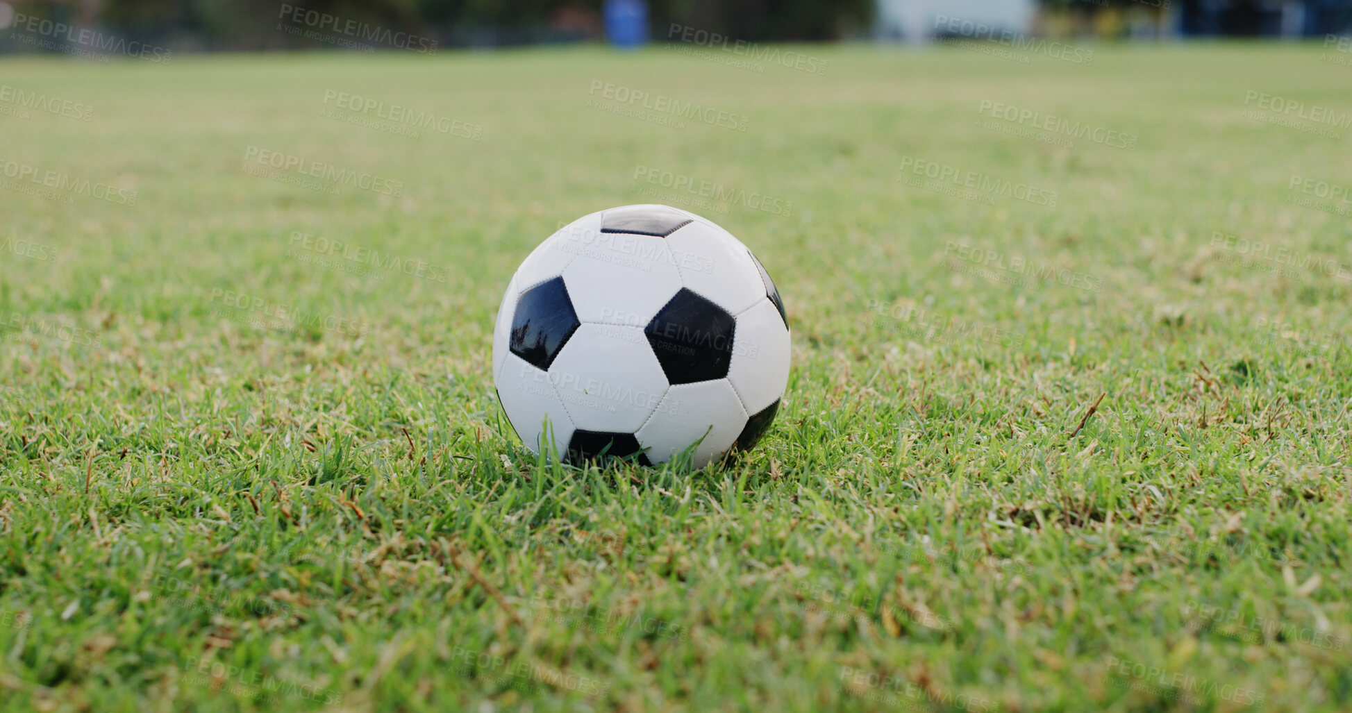 Buy stock photo Ground, space and sports with ball on soccer field for activity, competition or outdoor hobby. Fitness, green grass and training with object on empty pitch for start of game, match or tournament