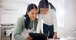 Daughter, happy and mother with tablet in kitchen of home for child development or learning. App, love or smile with girl and single parent woman in apartment for bonding or online streaming