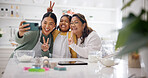 Selfie, mom or peace sign in kitchen with generation for photography, memory or baking together in home. Smile, mother and grandma with daughter or junior baker for capture moment or picture in house